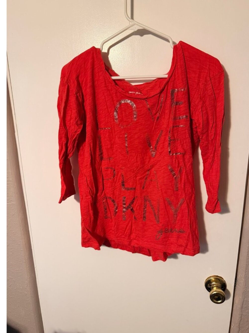Vintage DKNY jeans 3/4 sleeve top, pink/light red color, size medium